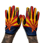 Arizona Flag Moto Gloves with leather palms and heavy-duty tank magnets for durability