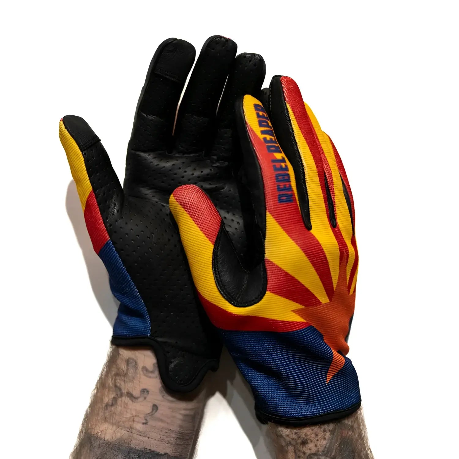 Arizona Flag Moto Gloves with leather palms and Arizona-themed design for cyclists