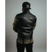 Black leather vest with quilted shoulders, YKK zippers, cowhide leather carry pockets