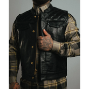 Black cowhide leather vest with gold YKK zippers and carry pockets, stylish double diamond vest