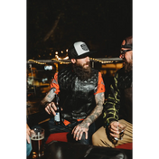 Bearded men with drinks wearing Back In Black Leather Vest with YKK zippers and cowhide leather carry pockets