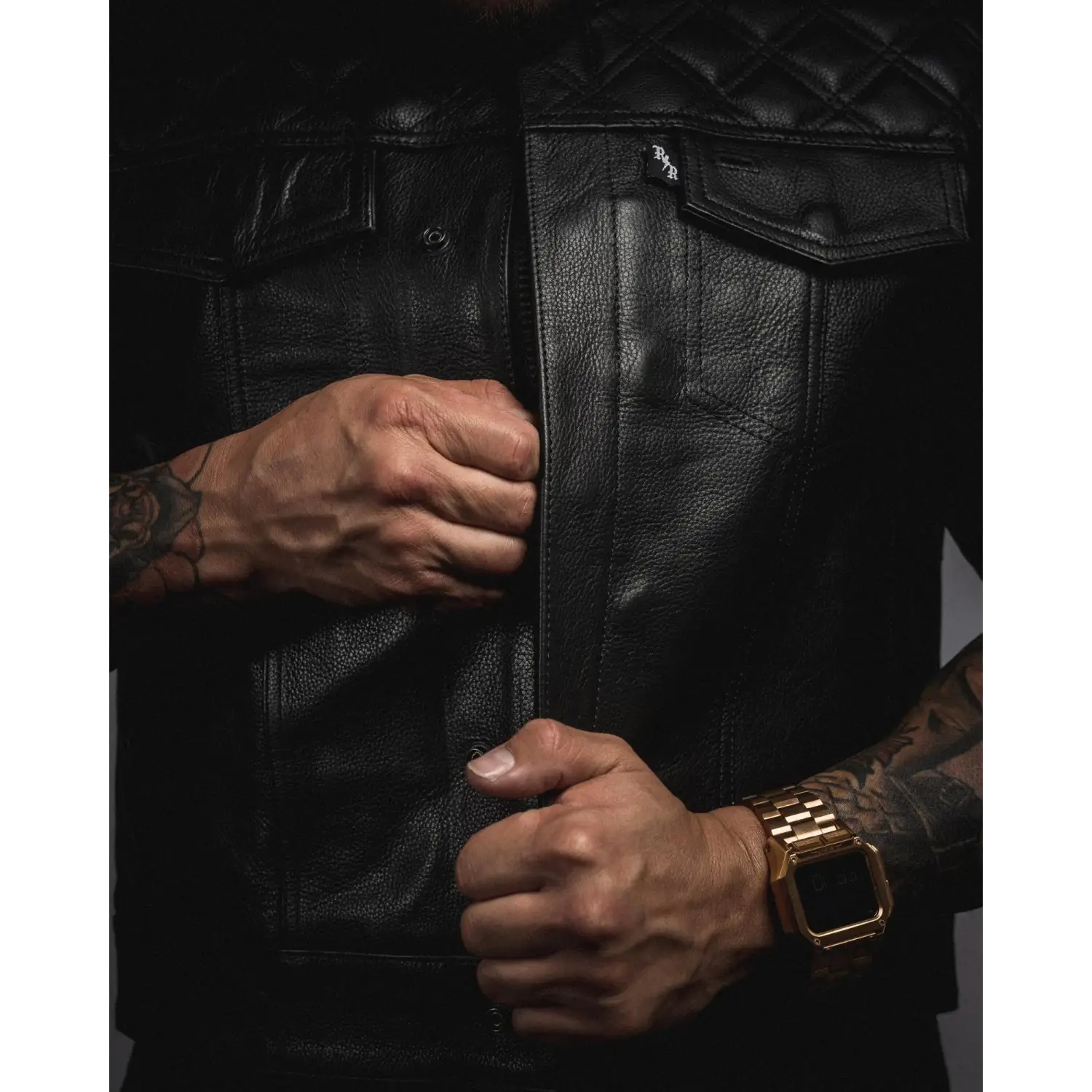 Black leather vest with YKK zippers, ideal for short torso and double diamond vest styles