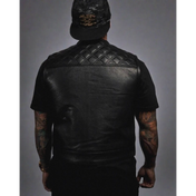 Black leather vest with quilted shoulders, YKK zippers, perfect for short torso style