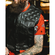 Black leather quilted vest with concealed carry pockets and double diamond stitching