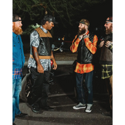 Group of men wearing black leather vests with concealed carry pockets and double diamond stitching