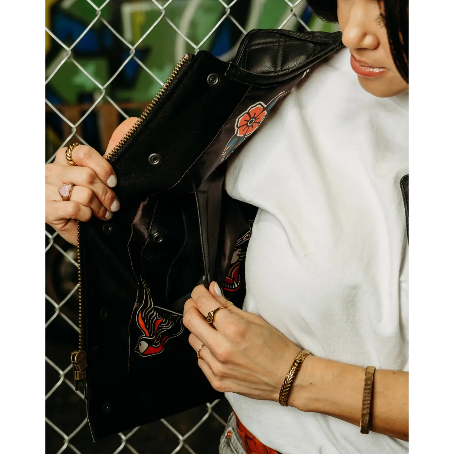 Back In Black Women’s Leather Vest with floral bird lining and conceal carry pockets