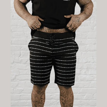 Black shorts with straight leg barb wire pattern, eco-friendly 4-way stretch casual wear