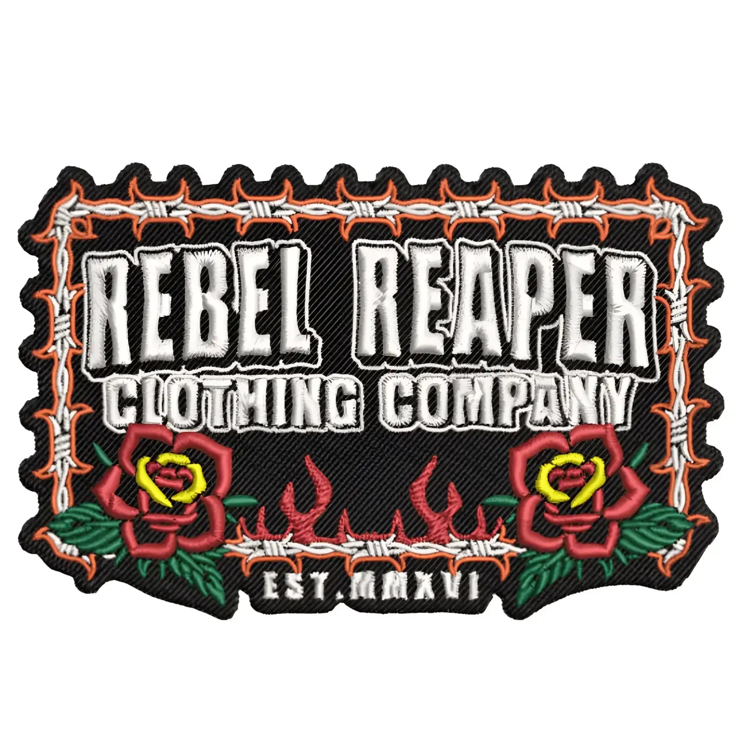 Embroidered Barb Wire Roses Patch with Rebel Reaper Clothing iron-on backing