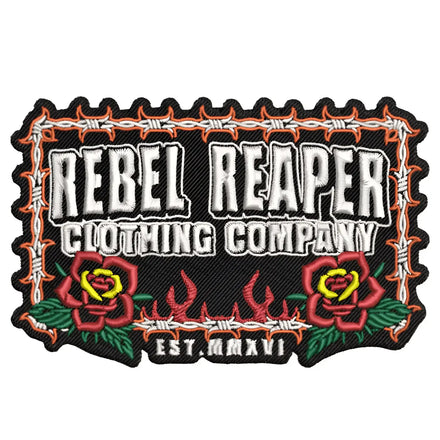 Embroidered Barb Wire Roses Patch with Rebel Reaper Clothing iron-on backing