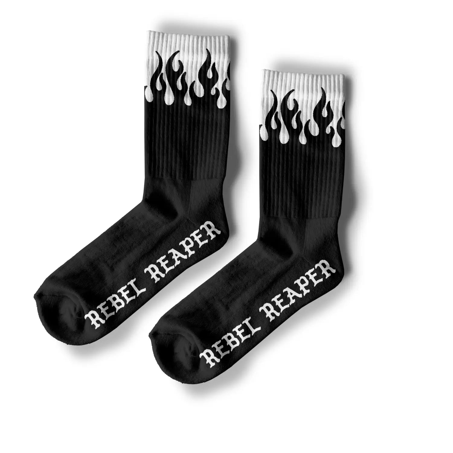 Black Flame Crew Socks Featuring Bold White Flame Design on Combusted Cotton Fabric