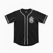 Black baseball jersey with white accents on a white background