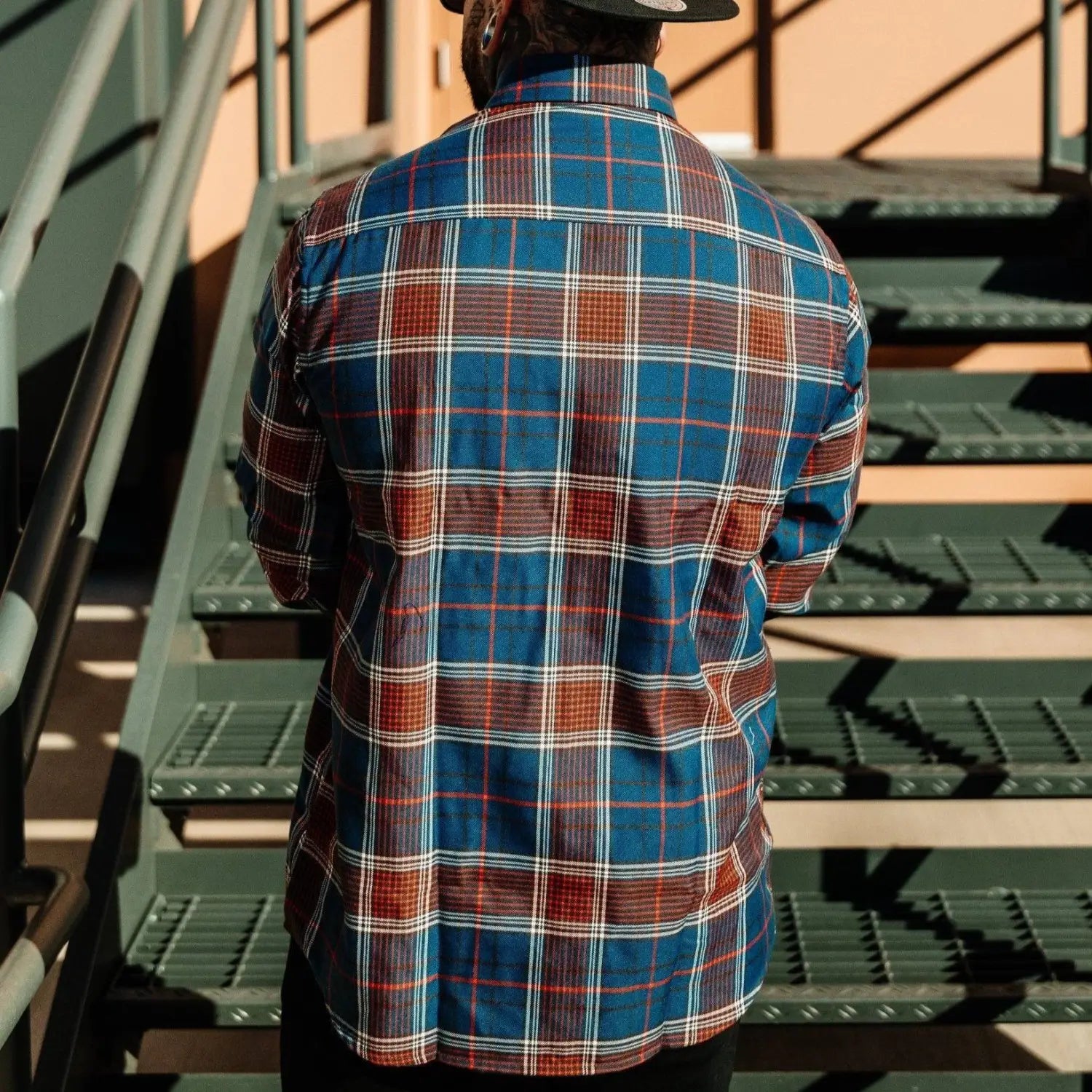 Blue and brown plaid men’s flannel shirt with rebel reaper design limited edition