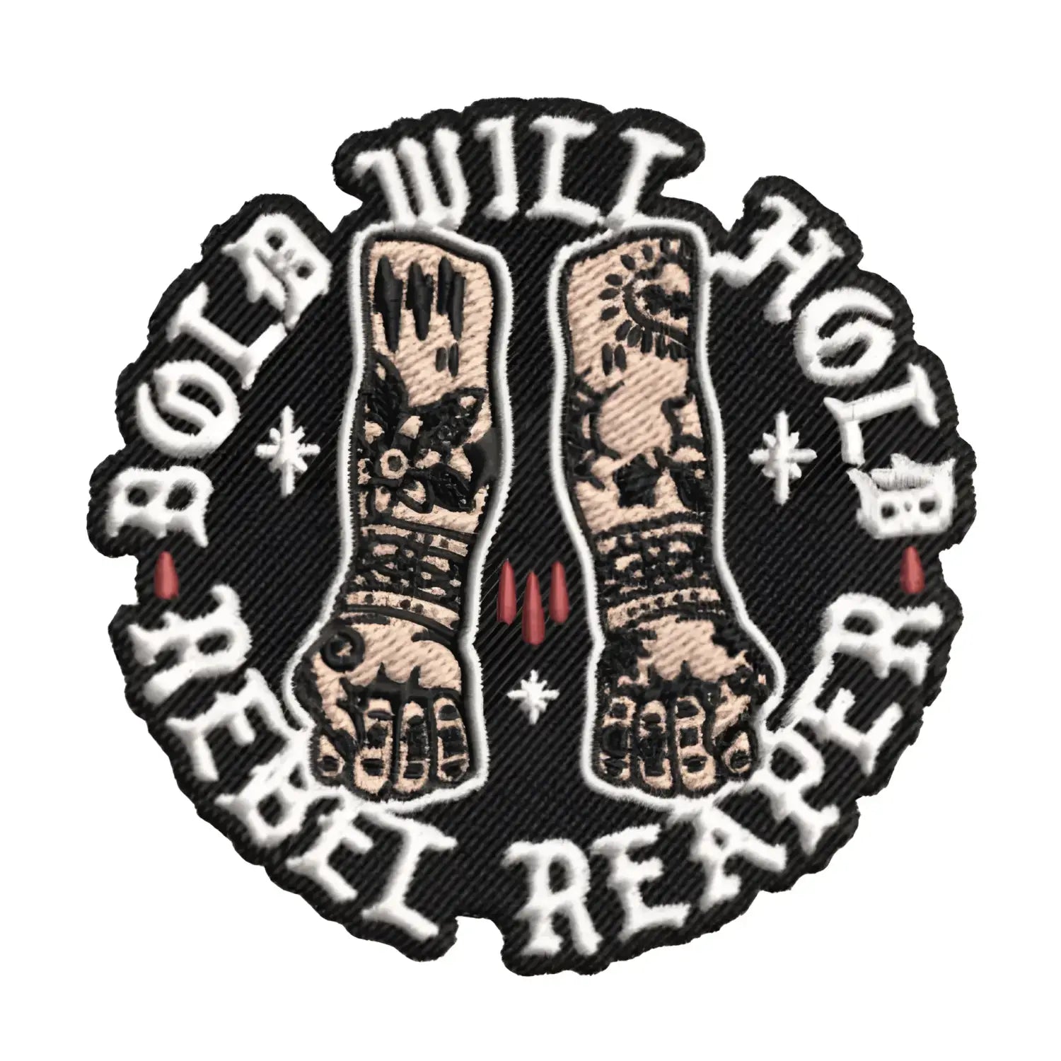 Bold Will Hold Embroidered Patch featuring a rebel reaper design on a circular embroidered patch
