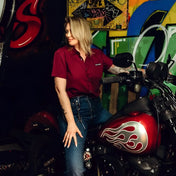 Red motorcycle with flame design on Burgundy Bamboo S/S shirt showcasing wrinkle-resistant fabric