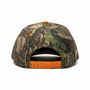 Camouflage baseball cap with orange accents on a white background