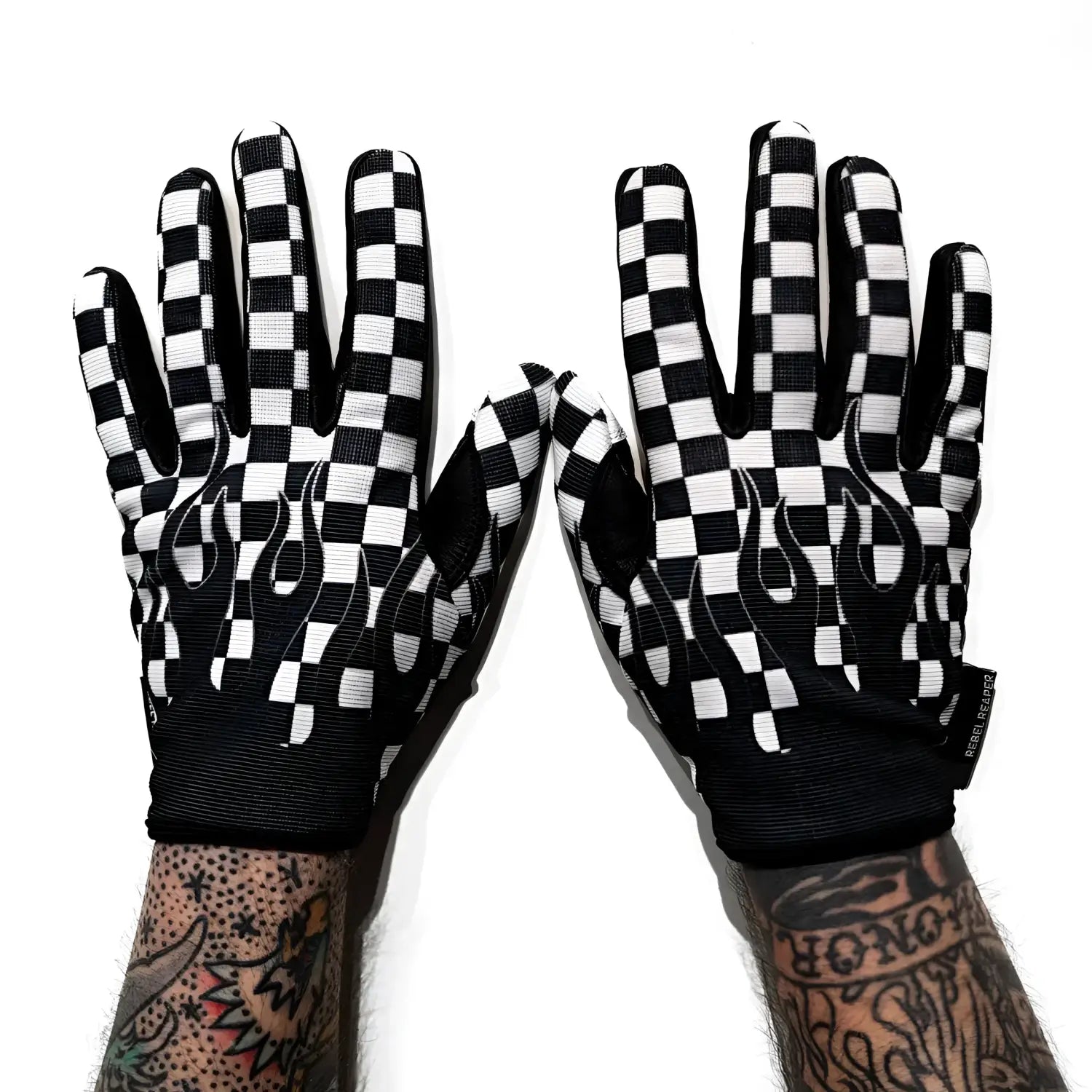 Checkered Flames Moto Gloves with flame design for motorcycle riding and comfort