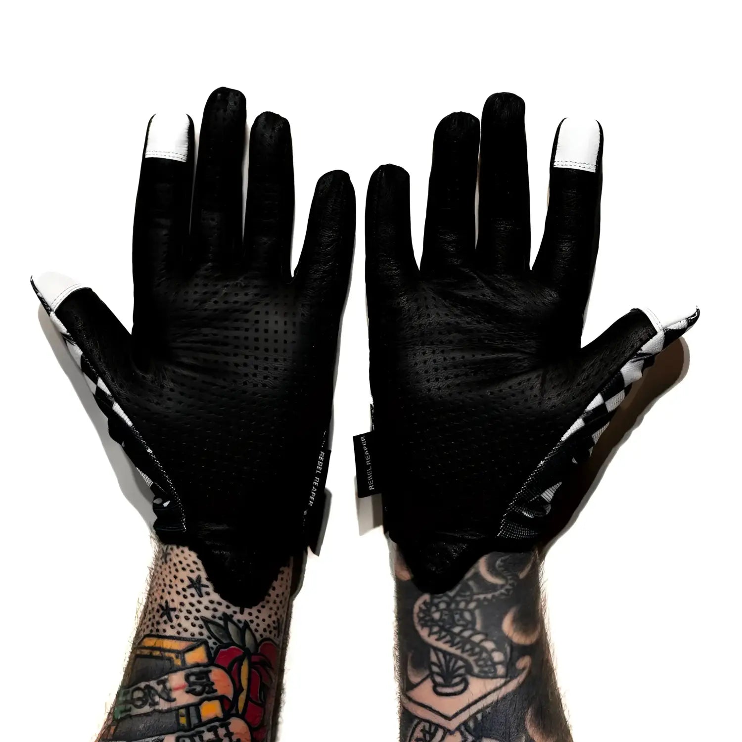 Black and white fingerless Flames Moto Gloves with checkered flames design for motorcycle riding