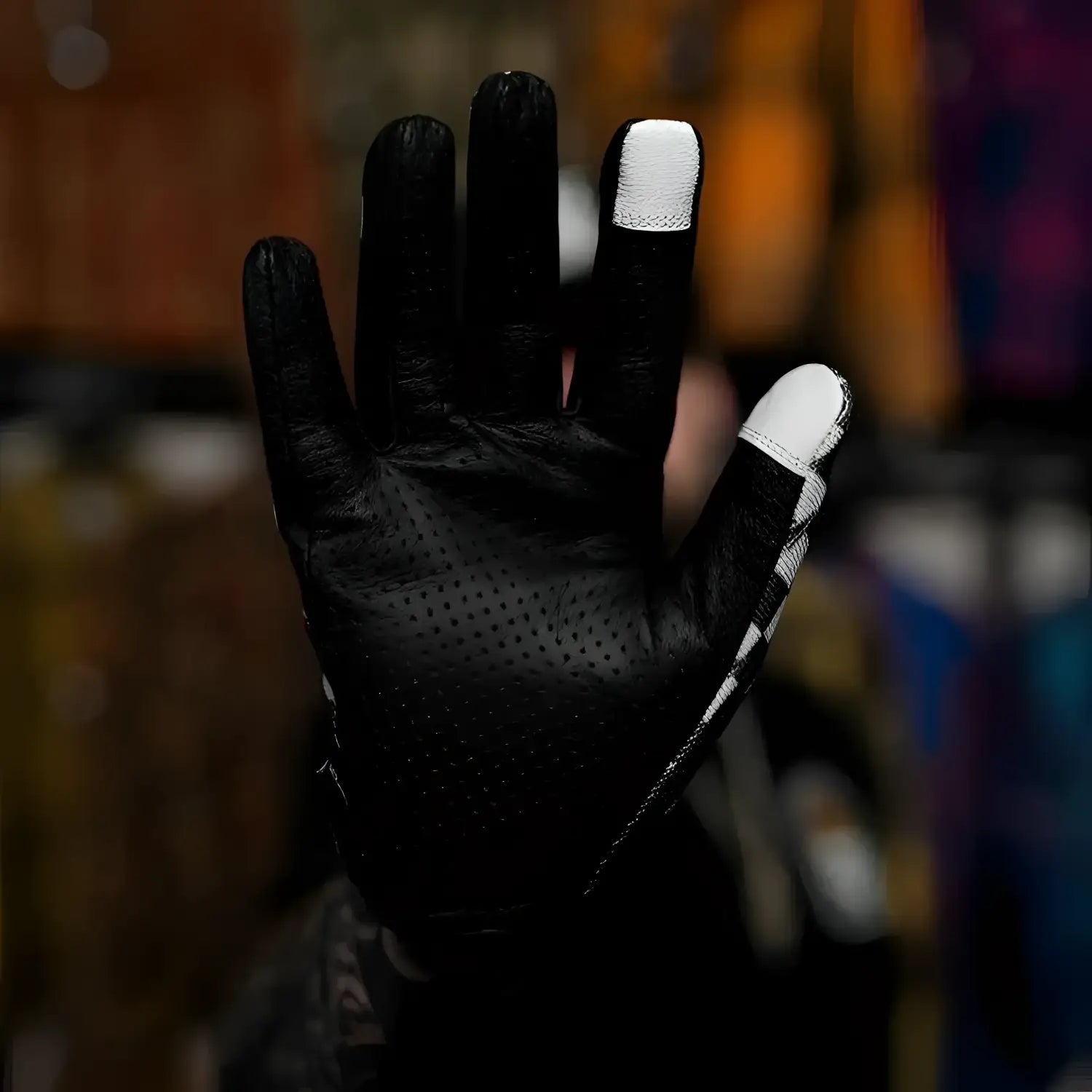 Black leather glove with white fingertips from Checkered Flames Moto Gloves collection