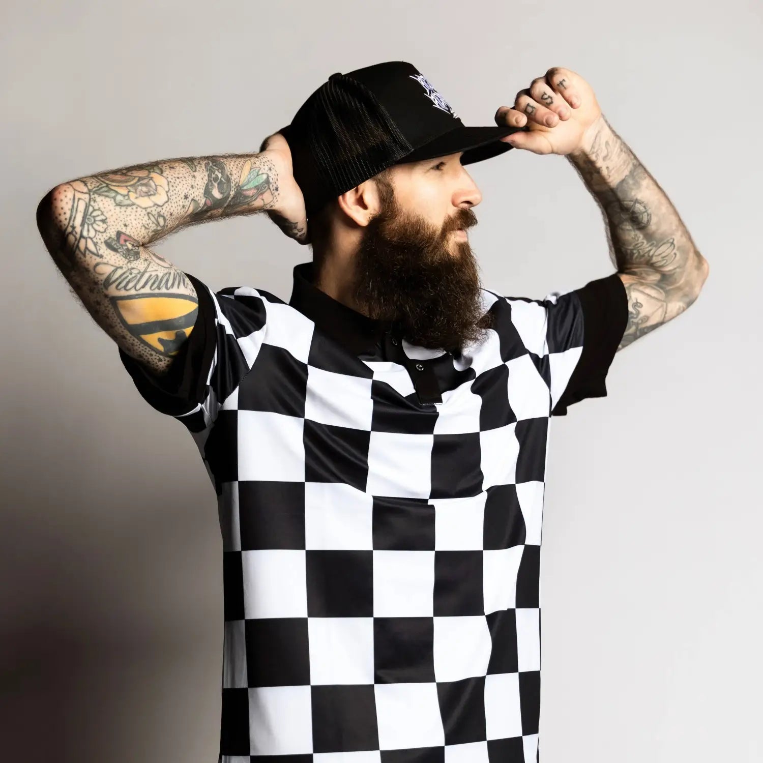 Checkered White & Black Pique Polo Shirt - Rebel Reaper Clothing Company