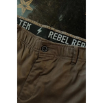 Brown chino pants with REBEL waistband showcasing Flex-Tek stretch for a rebel reaper style