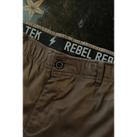 Brown chino pants with REBEL waistband showcasing Flex-Tek stretch for a rebel reaper style