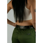 Woman wearing Forest Green Chino Pants with flex-tek stretch waistband and slash hand pockets
