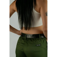 Woman wearing Forest Green Chino Pants with flex-tek stretch waistband and slash hand pockets