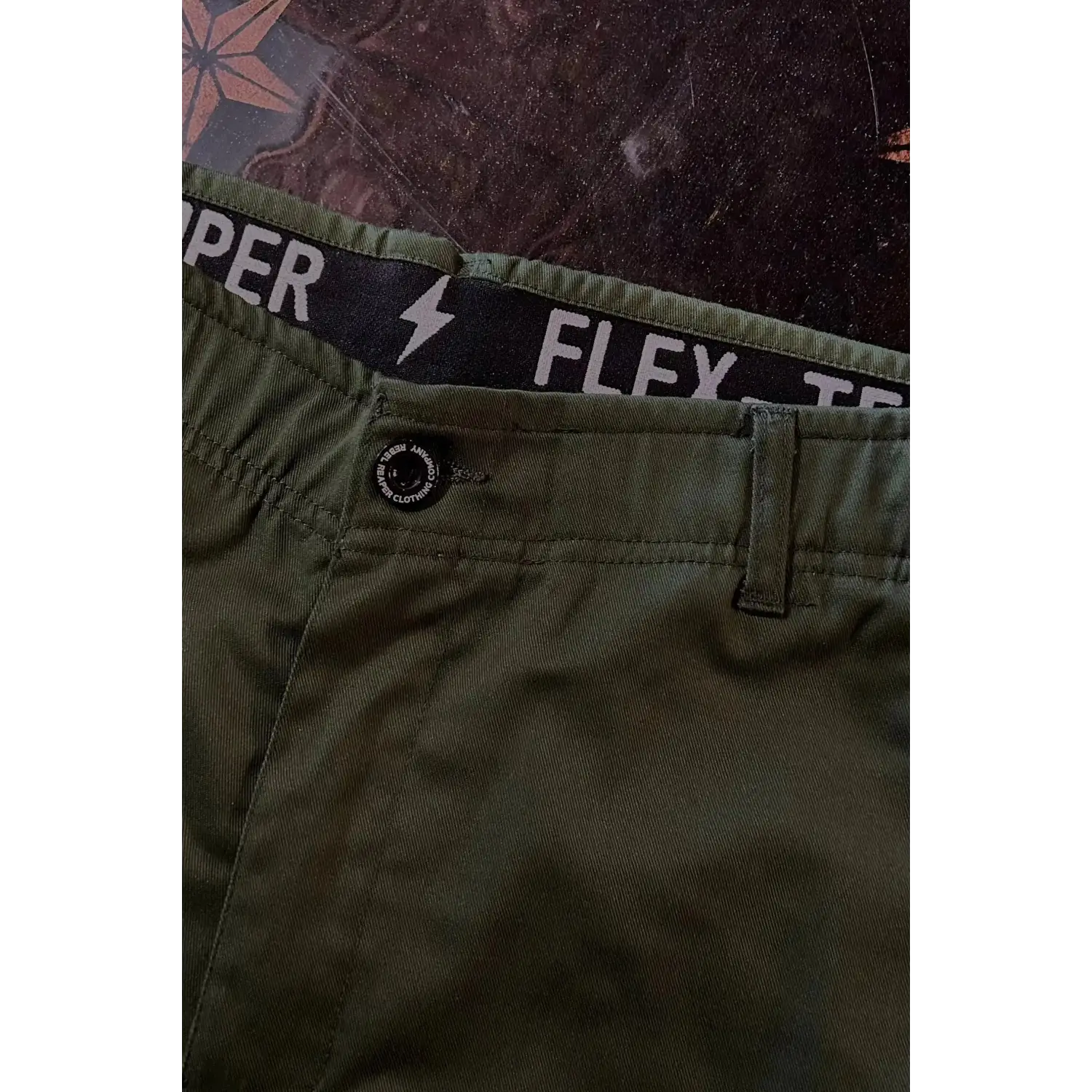 Olive green Chino Pants with black rebel reaper flex-tek stretch waistband and slash hand pockets