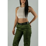 Woman in crop top and Green Chino Pants with rebel reaper style, flex-tek stretch waistband