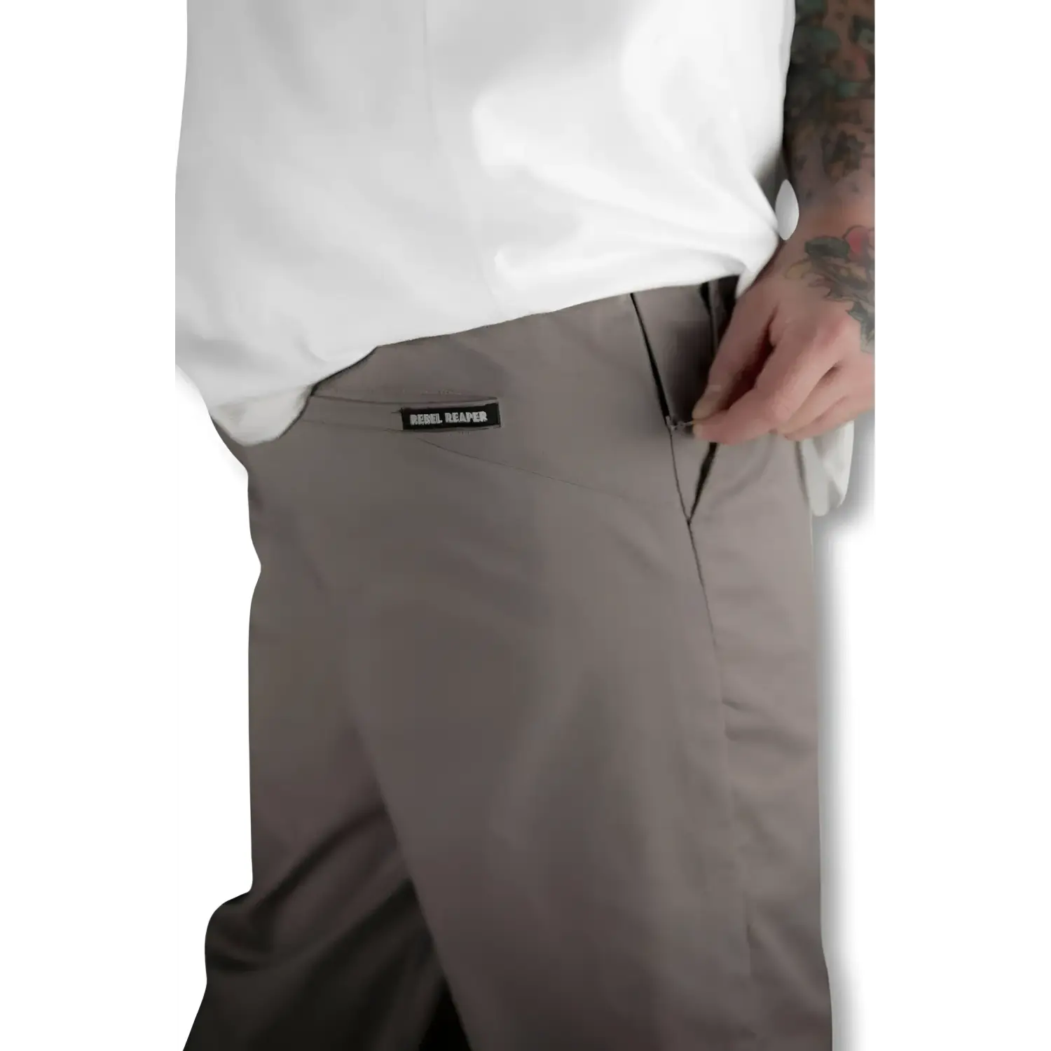 Rebel Reaper Grey Chino Pants with zippered pocket, flex-tek stretch waistband, moisture-wicking fabric