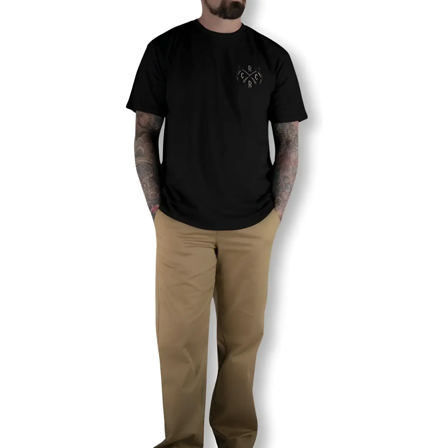 Man wearing black T-shirt and khaki chino pants with flex-tek stretch waistband in Rebel Reaper collection