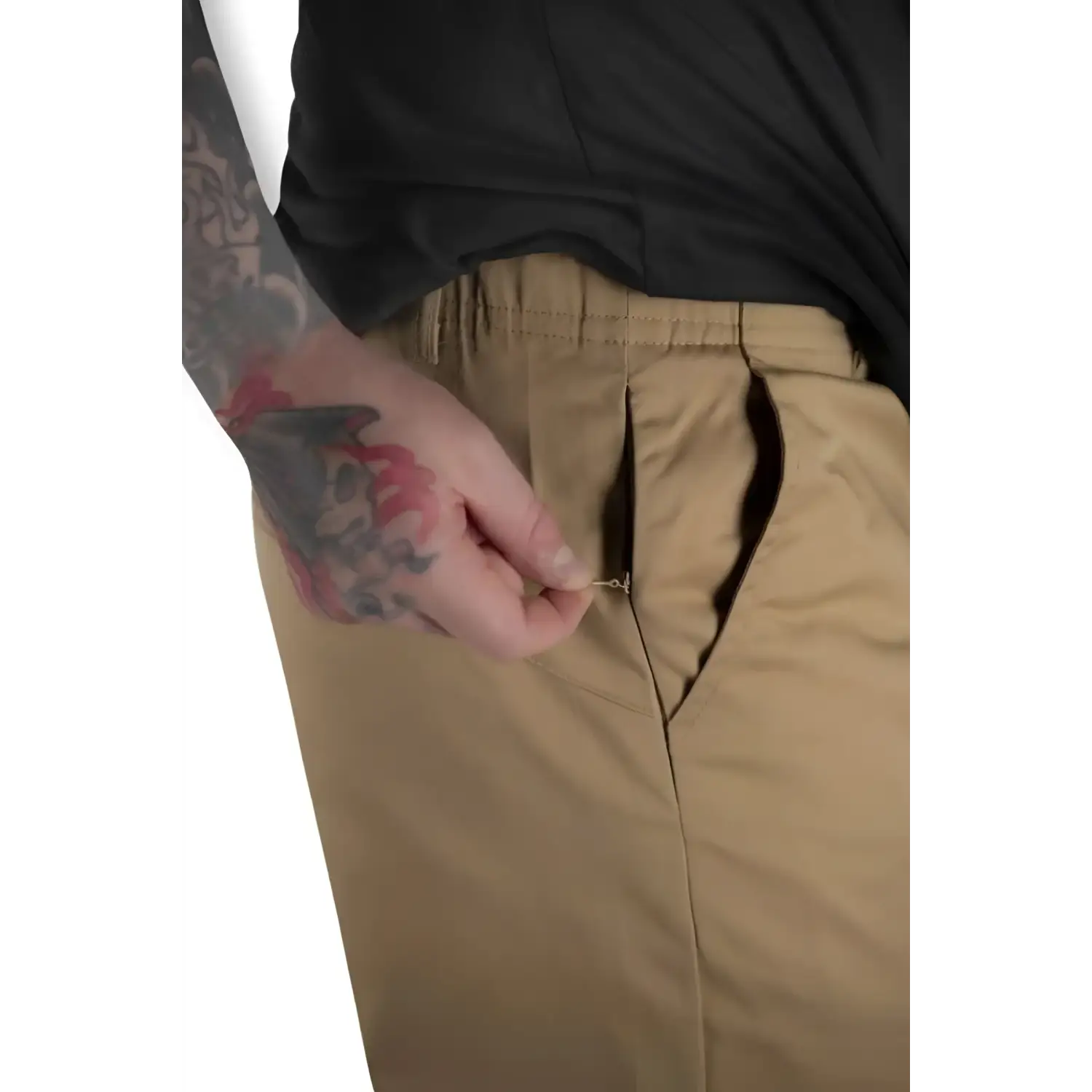 Rebel Reaper khaki chino pants with flex-tek stretch waistband and hand pulling drawstring