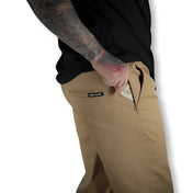 Rebel Reaper khaki chino pants with zippered pocket and flex-tek stretch waistband