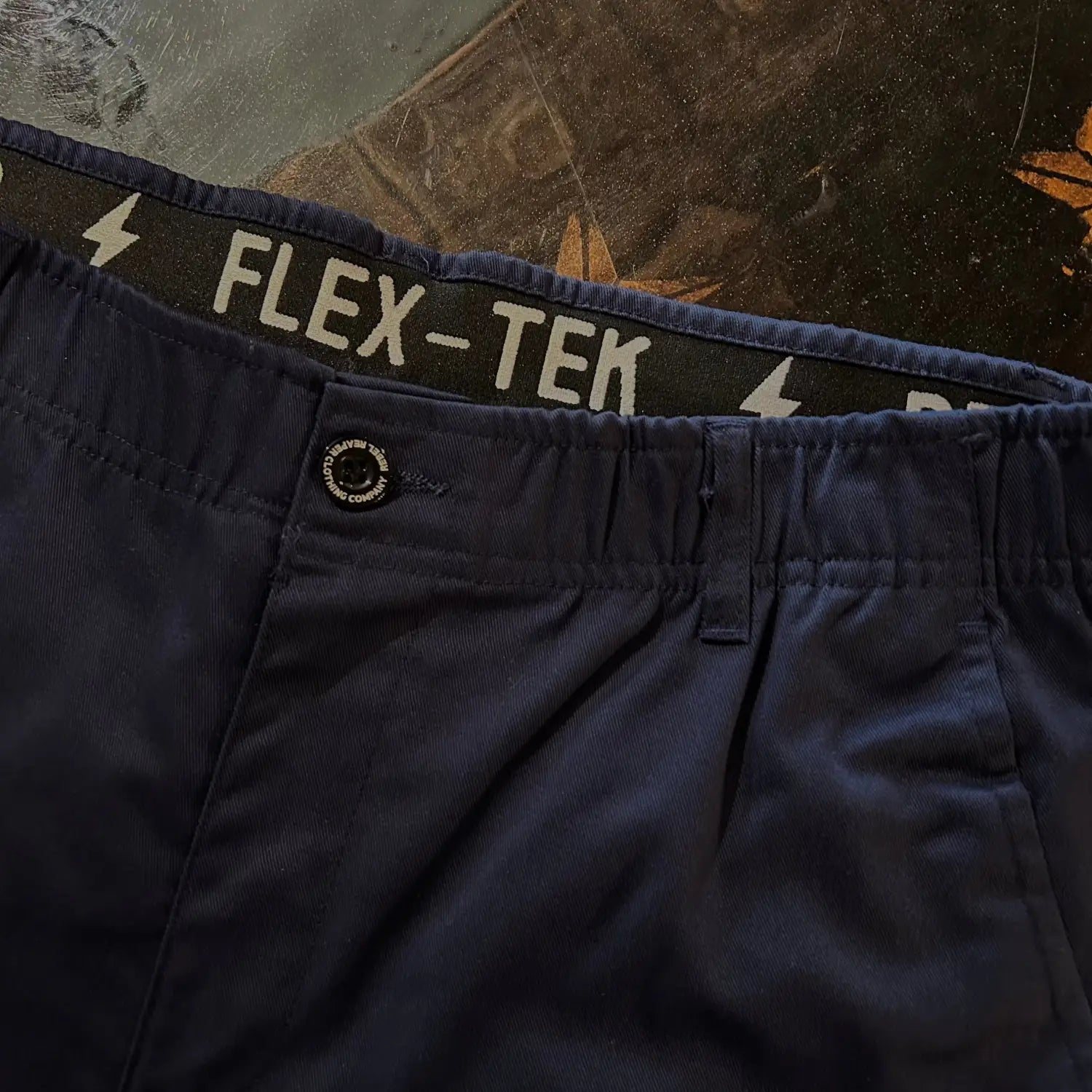 Navy blue Flex-Tek chino pants with hidden stash pocket and flex-tek stretch waistband
