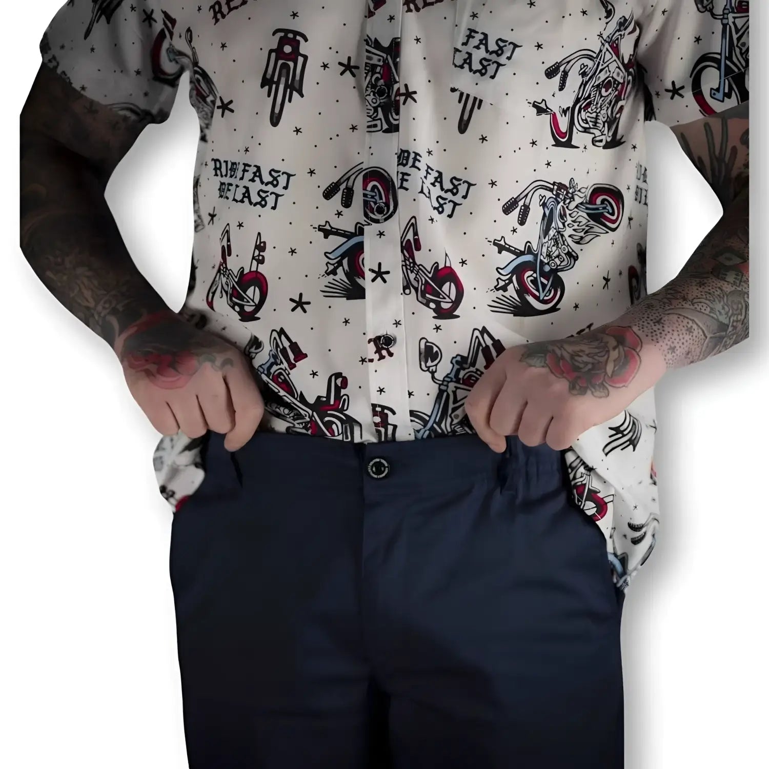 Tattooed person wearing navy blue chino pants with hidden stash pocket and flex-tek stretch waistband