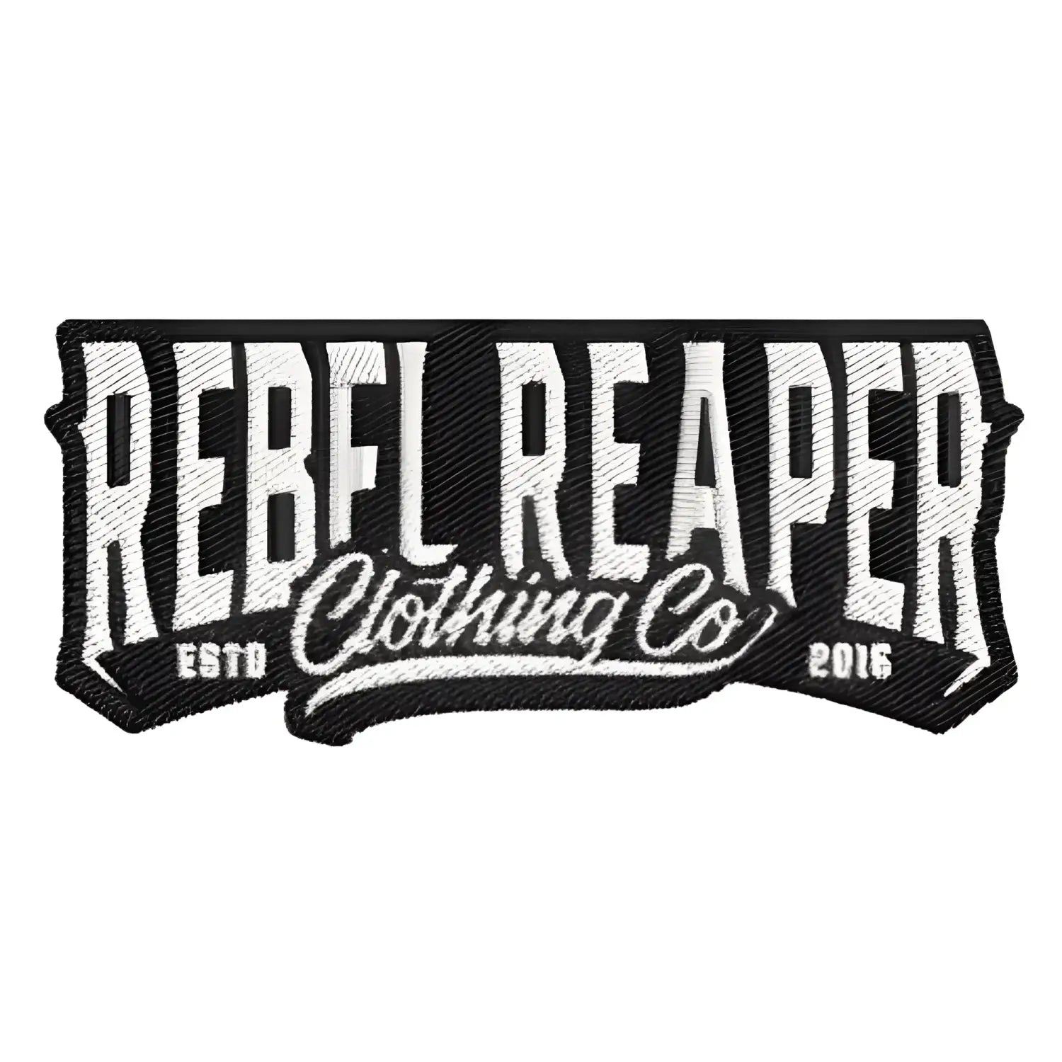 Embroidered Rebel Reaper Clothing Co emblem patch with iron-on backing on Classic Banner Patch