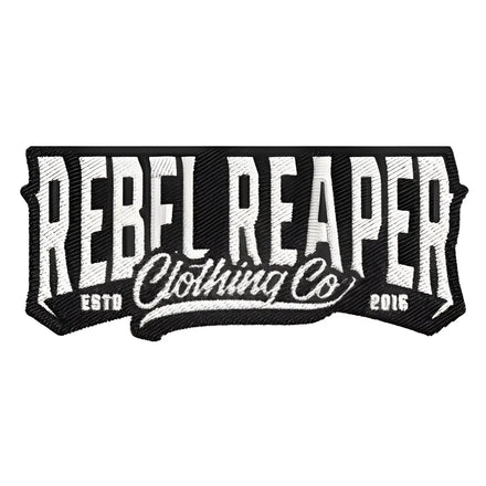 Embroidered Rebel Reaper Clothing Co emblem patch with iron-on backing on Classic Banner Patch