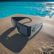 Dana Retro Squared Sunglass Collection black sunglasses with patterned temples and UV400 protection