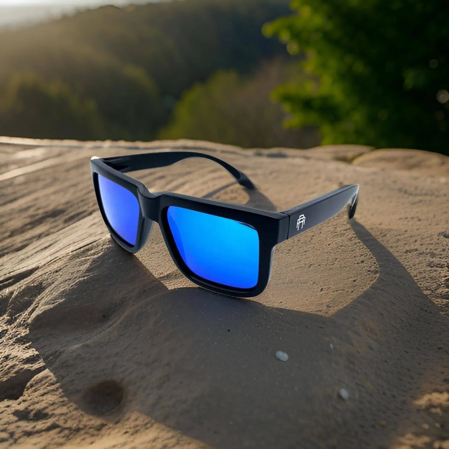 Dillinger Squared UV400 Sunglass Collection black-framed sunglasses with blue mirrored lenses