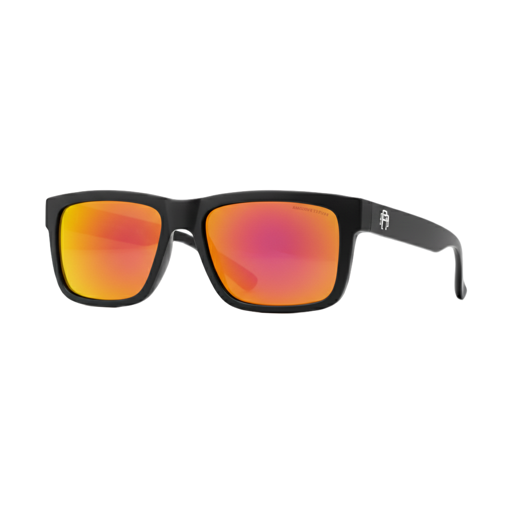 Black-framed sunglasses with red-tinted lenses on a white background