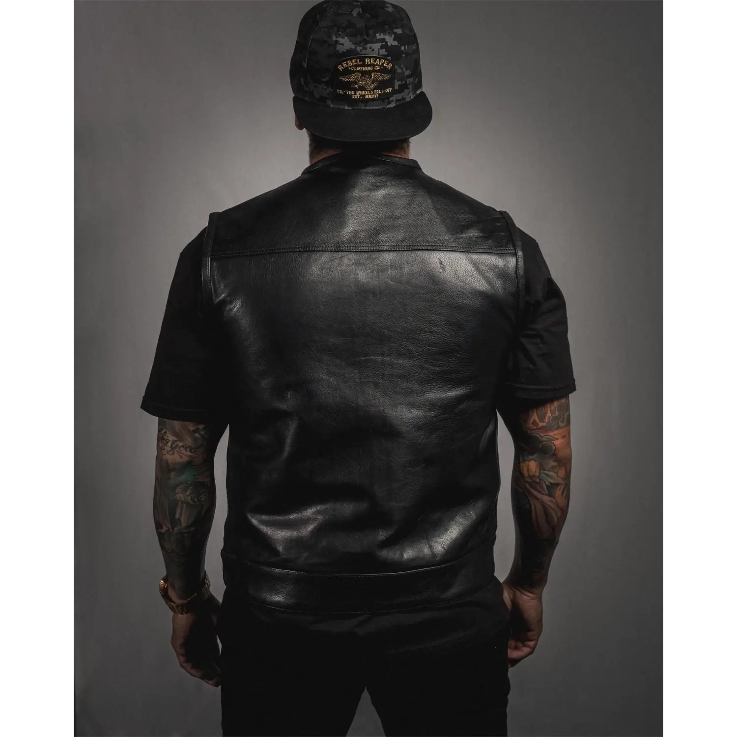 Eastwood Black Leather Vest - Collarless - Rebel Reaper Clothing Company