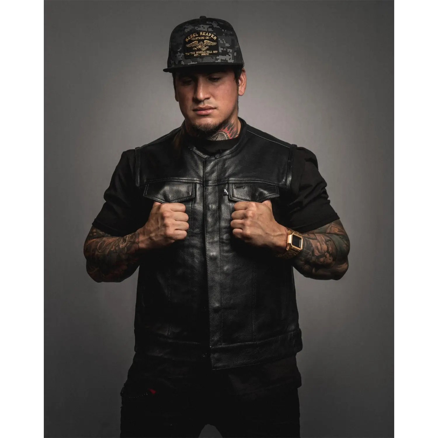 Eastwood Black Leather Vest - Collarless - Rebel Reaper Clothing Company