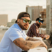 Two men wearing Flair Polarized Sunglasses from the Rebel Reaper Tattoo Flash Collection