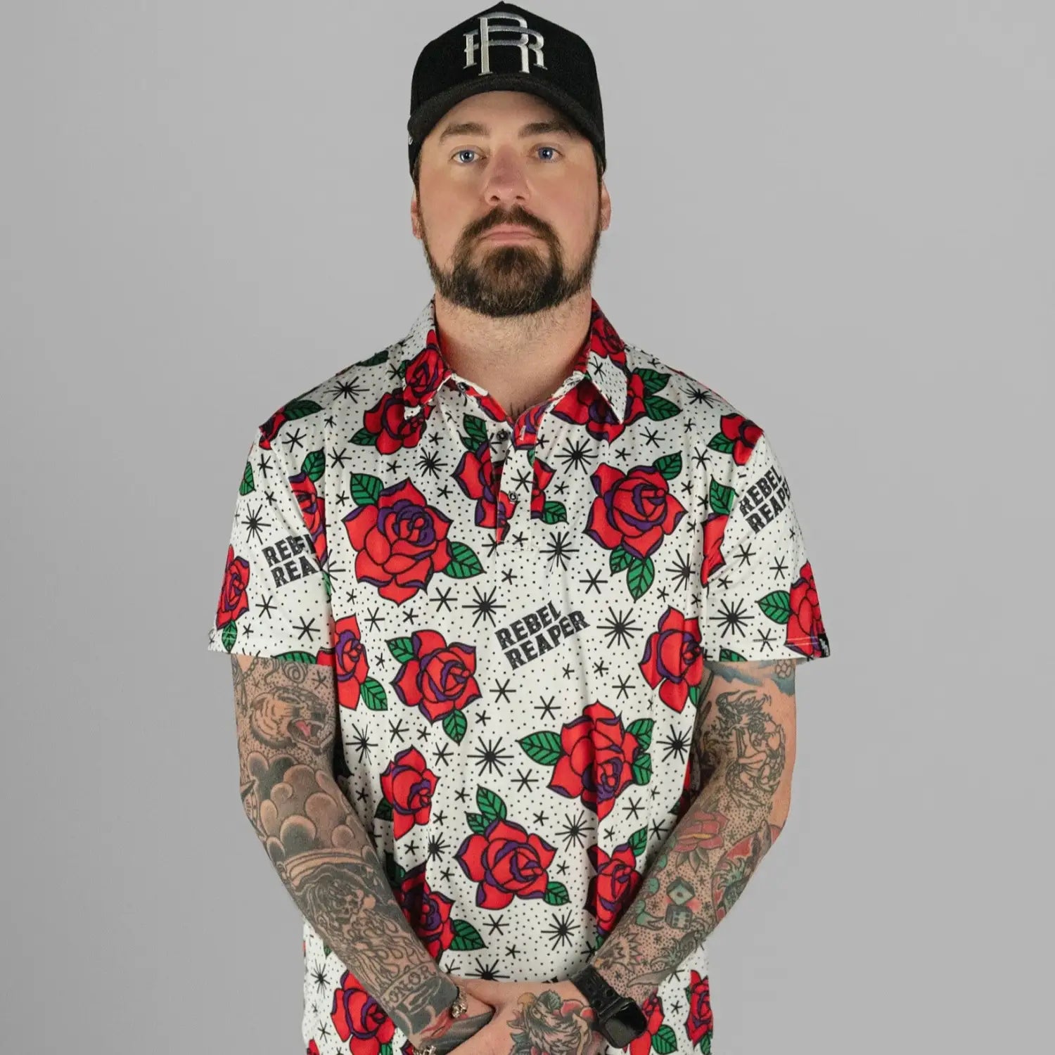 Rose-patterned short-sleeved shirt from Flash of Roses White Polo Shirt featuring a bold design for casual outings
