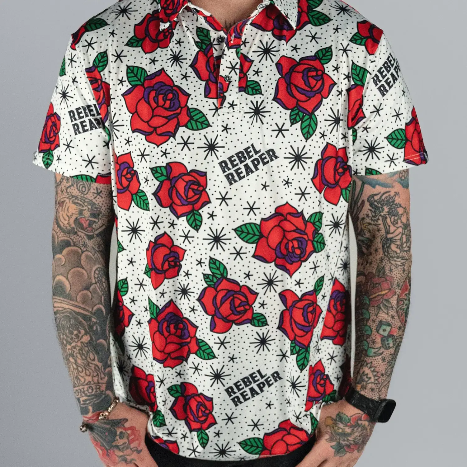 Patterned roses premium polo shirt with bold design, perfect for casual outings