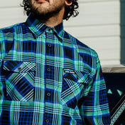 Blue and green plaid shirt from Men’s Frostbite Flannel collection with durable fabric