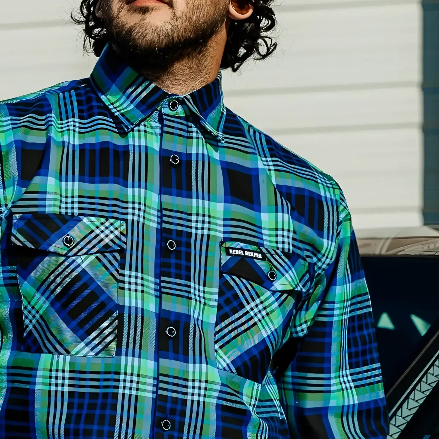 Blue and green plaid shirt from Men’s Frostbite Flannel collection with durable fabric