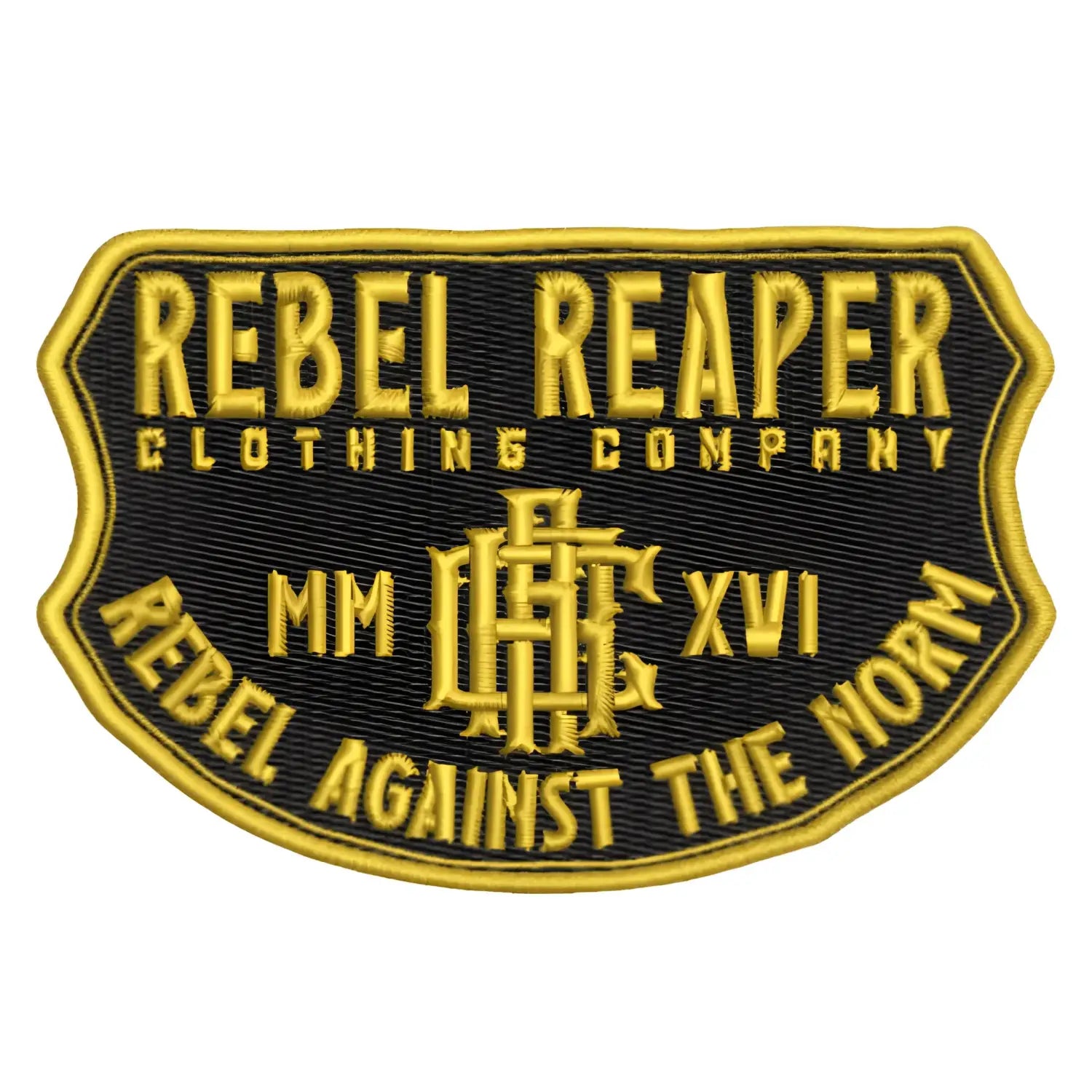 Rebel Reaper Gold Embroidered Patch with Gold Lettering for Rebel Reaper’s Signature Style