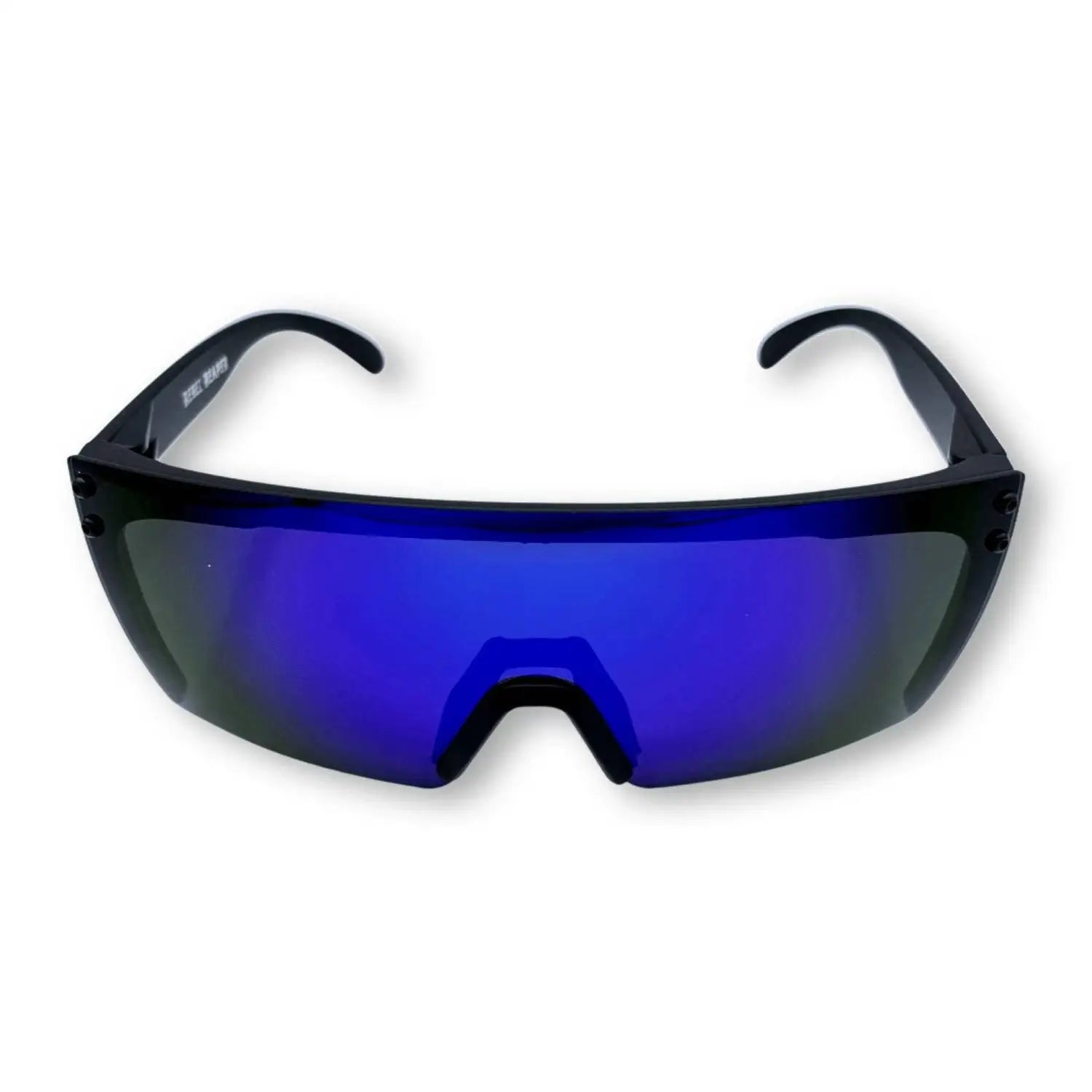 Blue mirrored shield sunglasses from Hogan Reflective UV Blocking Sunglass Collection with rebel reaper tattoo style