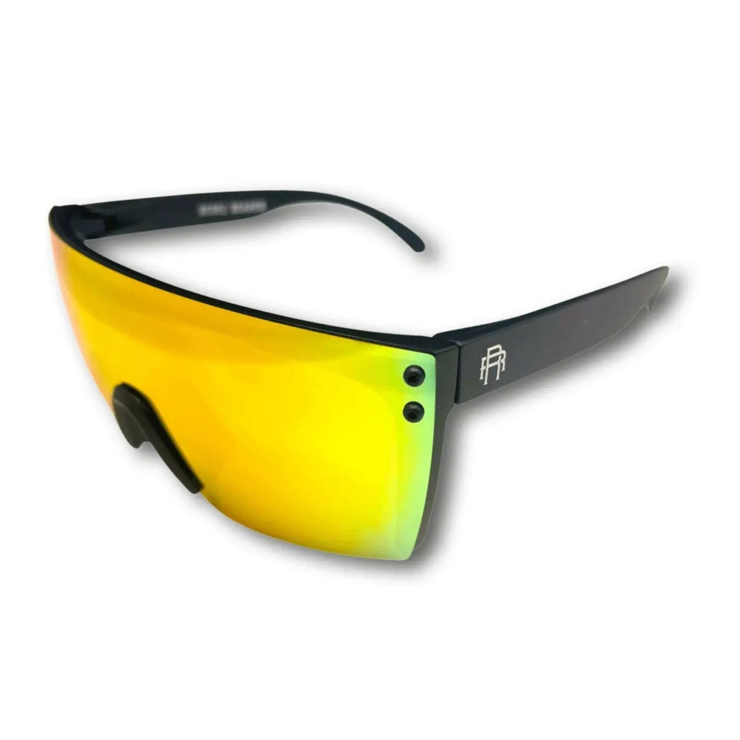 Black-framed sunglasses with reflective gold lens from Hogan Reflective UV Blocking Sunglass Collection featuring signature rebel reaper style
